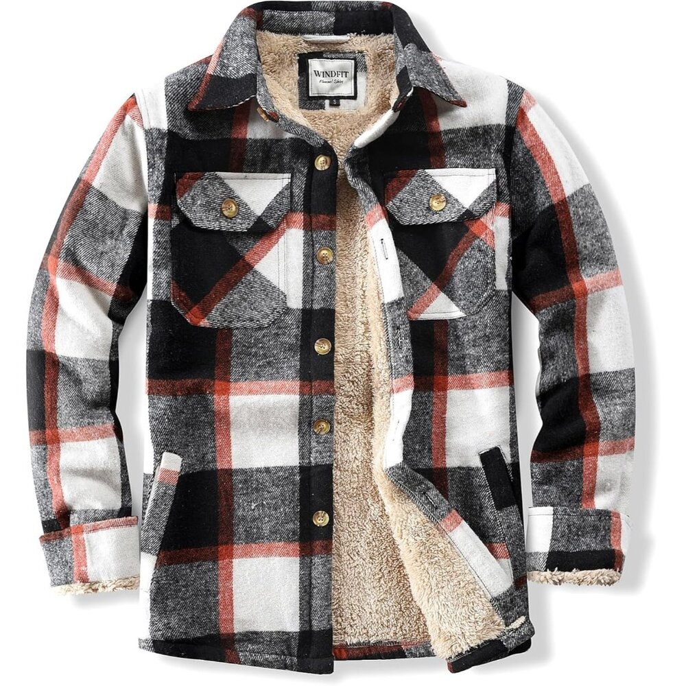 Men'sTangerine Cotton Sherpa Lined Button Down Flannel Shirt Jacket Plaid Soft. - Picture 1 of 8